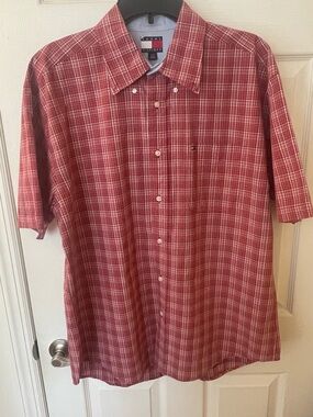 Tommy Hilfiger Red and White Plaid Short-Sleeve Button-Down Shirt